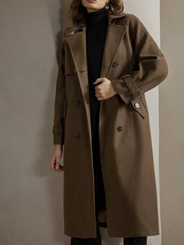 Brown Double-Breasted Longline Coat With Lapel Collar